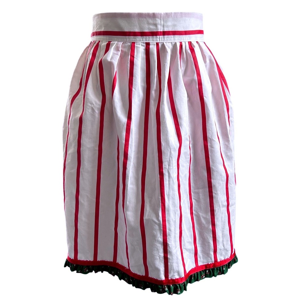 Christmas Handmade Apron Women White Red Striped Green Ruffle Trim Tie Back